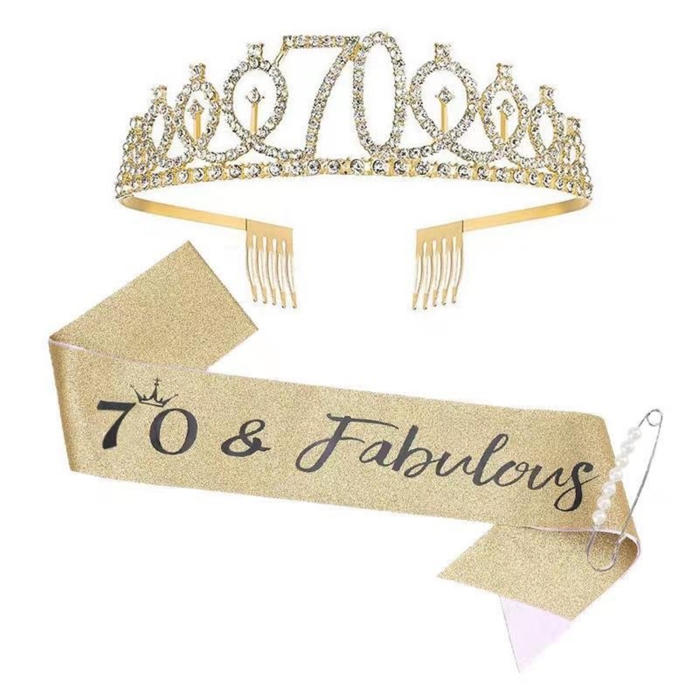 70 & Fabulous Birthday Tiara and Glitter Sash, Rhinestone Crown for Queens.